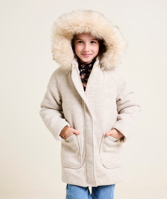Manteau fille beige à capuche imitation fourrure - 1