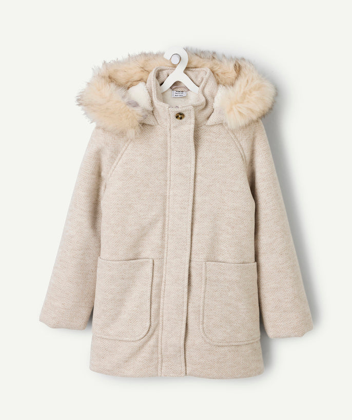 Manteau fille beige à capuche imitation fourrure - 2