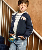 Blouson garçon bleu à capuche style teddy - 1