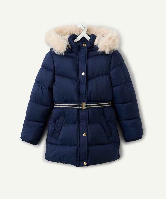 Doudoune longue fille bleu marine avec ceinture déperlante - 1