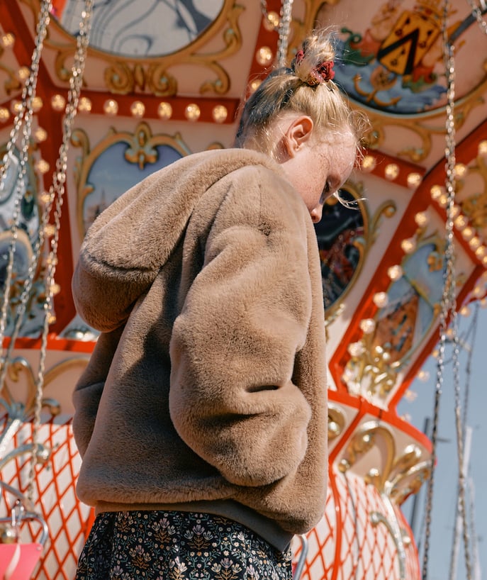 Blouson imitation fourrure fille  beige à capuche zippé - 1