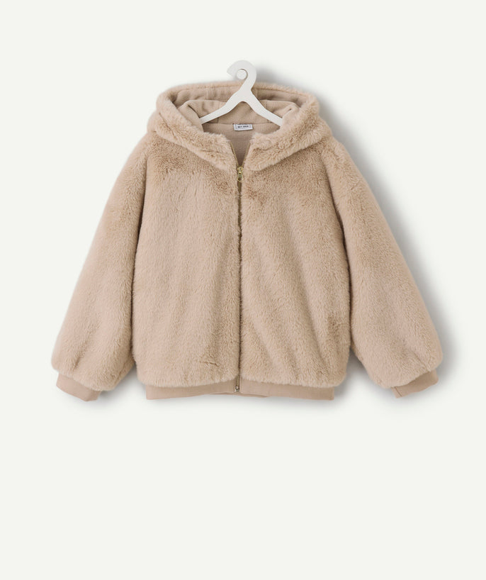 Blouson imitation fourrure fille  beige à capuche zippé - 2