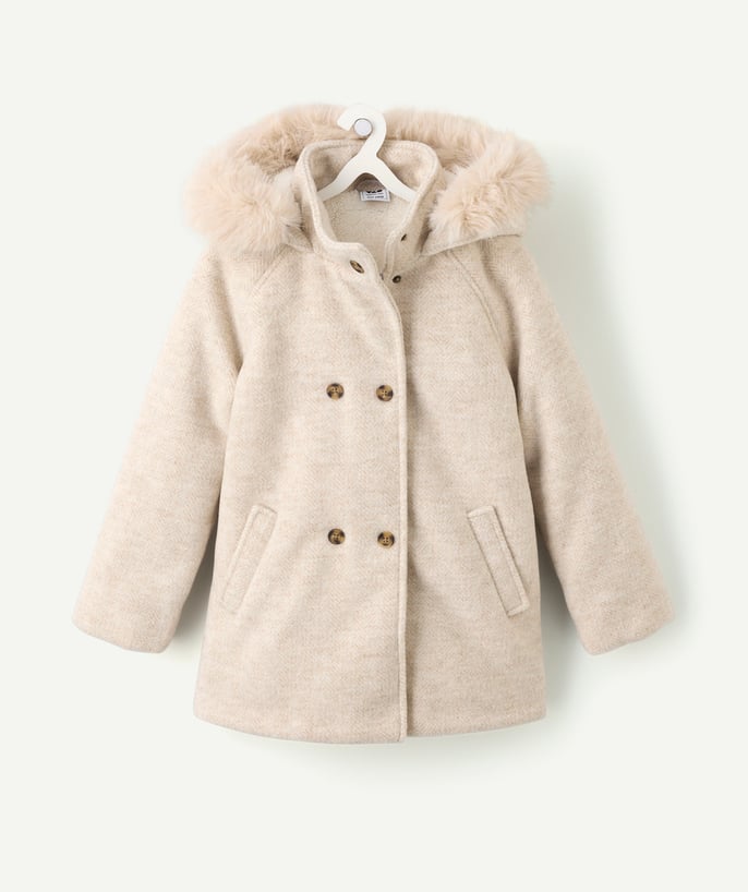 Manteau d'hiver long fille beige très chaud avec capuche - 1