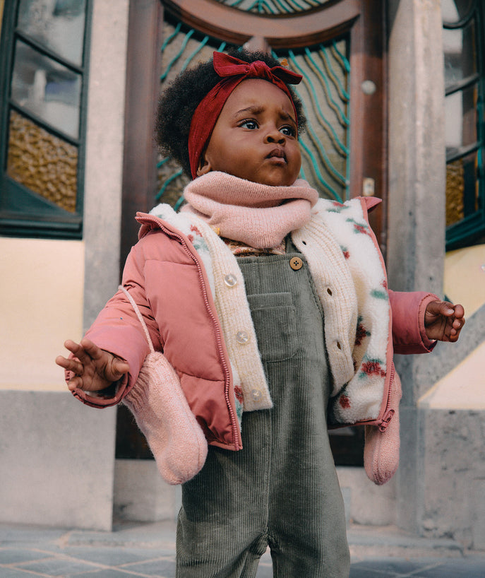 Doudoune réversible bébé fille rose et sherpa à fleurs - 1