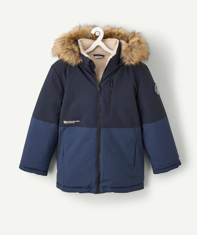 Parka garçon bleu déperlante avec capuche imitation fourrure - 1