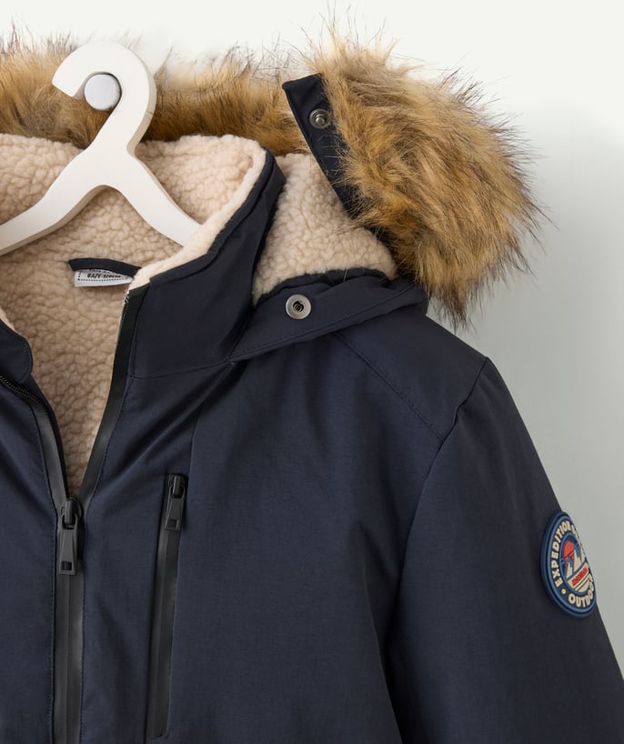Parka garçon bleu déperlante avec capuche imitation fourrure - 2